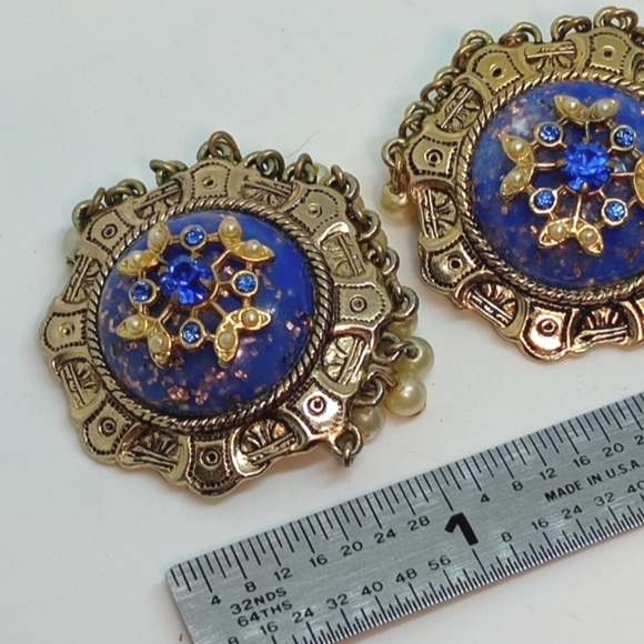 * vintage gorgeous blue w/gold flecks art glass faux pearl clip on earrings - Picture 2 of 5